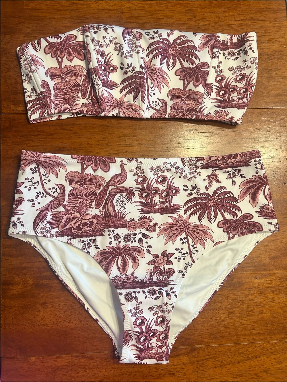 STAUD White and Pink Toile Bandeau Bikini Set